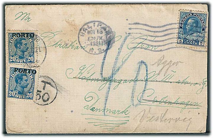 Canada 5 cents George V (klippet) på underfrankeret brev fra Halifax d. 18.11.1921 til København, Danmark - eftersendt til Agger pr. Vestervig. Sort T50 stempel og udtakseret i porto med 20 øre Porto-provisorium (2) stemplet Kjøbenhavn.