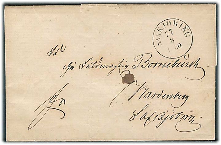 1860. Francobrev med indhold dateret Orebygaard d. 26.8.1860 med antiqua Saxkjøbing d. 27.8.1860 til Hardenberg pr. Saxkjøbing.