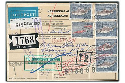 10 kr. Rejer og 25 kr. Torsk (5) på adressekort for luftpostpakke fra Sukkertoppen d. 6.6.1983 til København.