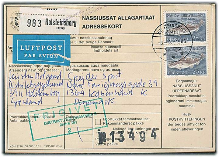 25 kr. Torsk i parstykke på adressekort for luftpostpakke fra Holsteinsborg d. 3.6.1983 til København.