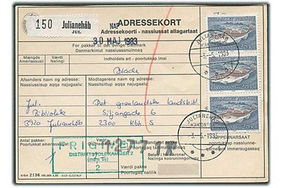 25 kr. Torsk i 3-stribe på adressekort for pakke fra Julianehåb d. 3.5.1983 til København.