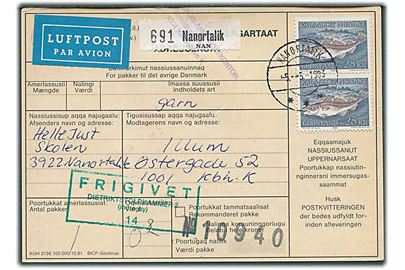 25 kr. Torsk i parstykke på adressekort for luftpostpakke fra Nanortalik d. 5.5.1983 til København.