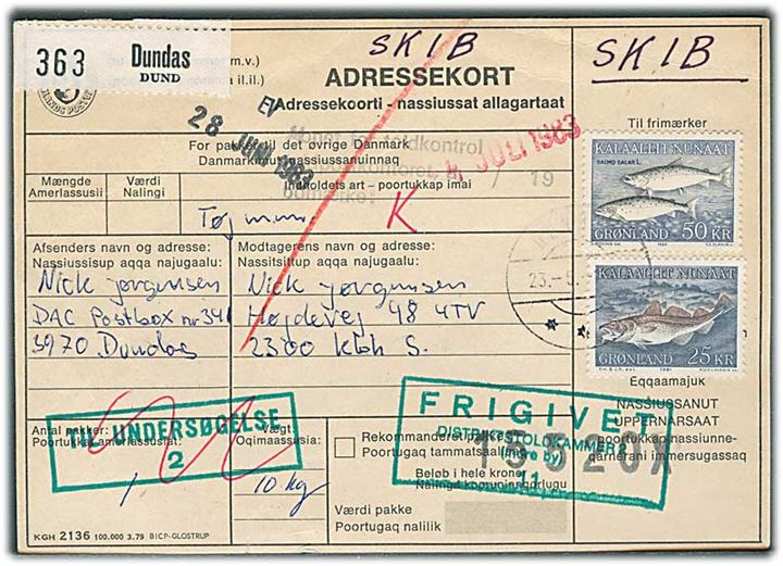 25 kr. Torsk og 50 kr. Skællaks på adressekort for pakke fra Dundas d. 23.5.1983 til København.