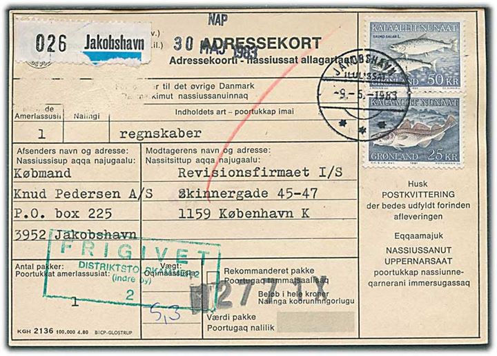 25 kr. Torsk og 50 kr. Skællaks på adressekort for pakke fra Jakobshavn d. 9.5.1983 til København.