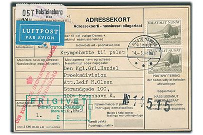 25 kr. Moskusokse i parstykke på adressekort for luftpostpakke fra Holsteinsborg d. 14.6.1983 til København.