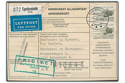 25 kr. Moskusokse i parstykke på adressekort for luftpostpakke fra Egedesminde d. 3.5.1983 til København.