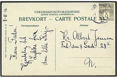 3 øre grå bølgelinie helsagsklip på lokalt sendt postkort fra København d. 8.10.1916.