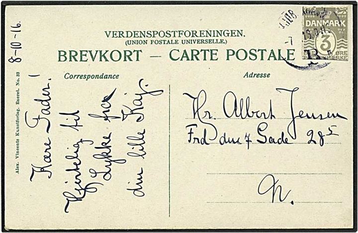 3 øre grå bølgelinie helsagsklip på lokalt sendt postkort fra København d. 8.10.1916.