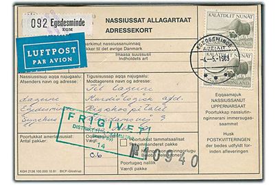 25 kr. Moskusokse i parstykke på adressekort for luftpostpakke fra Egedesminde d. 4.5.1983 til København.