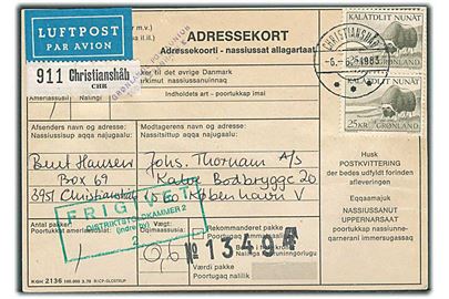 25 kr. Moskusokse i parstykke på adressekort for luftpostpakke fra Christianshåb d. 6.6.1983 til København.