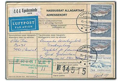 1 kr. Margrethe (3), 5 kr. Isbjørn og 25 kr. Torsk (3) på for- og bagside af adressekort for luftpostpakke fra Egedesminde d. 15.6.1983 til København.