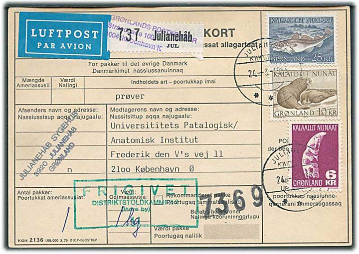 6 kr. Tupilak, 10 kr. Hvalros og 25 kr. Torsk på adressekort for luftpostpakke fra Egedesminde d. 24.3.1983 til København.