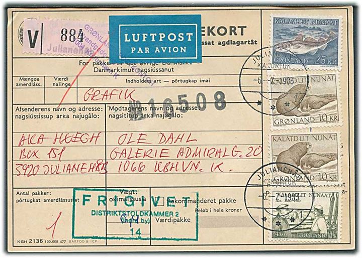 4 kr. Ejnar Mikkelsen, 10 kr. Hvalros (2) og 25 kr. Torsk på adressekort for værdi-luftpostpakke fra Julianehåb d. 6.7.1983 til København. 