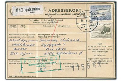 25 kr. Moskusokse og 50 kr. Skællaks på adressekort for pakke fra Egedesminde d. 28.4.1983 til København.