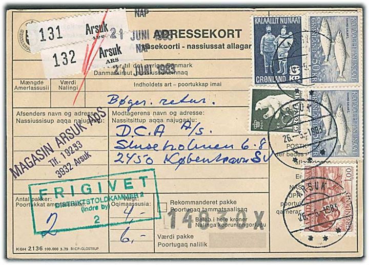 1 kr. Brønlund, 8 kr. Træfigurer, 10 kr. Isbjørn og 50 kr. Torsk (2) på adressekort for 2 pakker fra Arsuk d. 26.5.1983 til København.