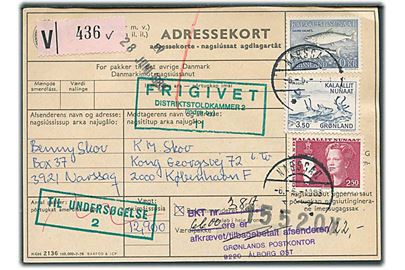 2,50 kr. Margrethe, 3,50 kr. Saqqaq og 50 kr. Skællaks på adressekort for værdipakke fra Narssaq d. 6.6.1983 til København. Underfrankeret med 66 kr.