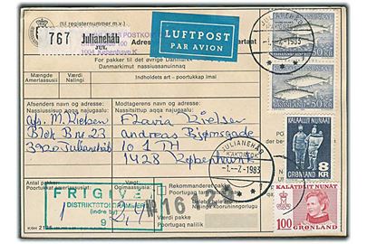1 kr. Margrethe, 8 kr. Træfigurer og 50 kr. Skællaks (2) på adressekort for luftpostpakke fra Julianehåb d. 1.7.1983 til København.