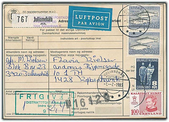 1 kr. Margrethe, 8 kr. Træfigurer og 50 kr. Skællaks (2) på adressekort for luftpostpakke fra Julianehåb d. 1.7.1983 til København.