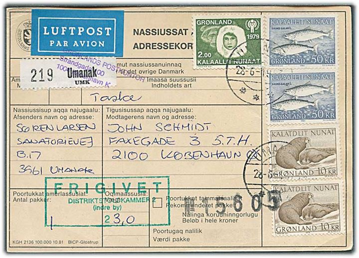 2 kr. Børneår, 10 kr. Hvalros (2) og 50 kr. Skællaks (2) på adressekort for luftpostpakke fra Umanak d. 28.6.1983 til København.