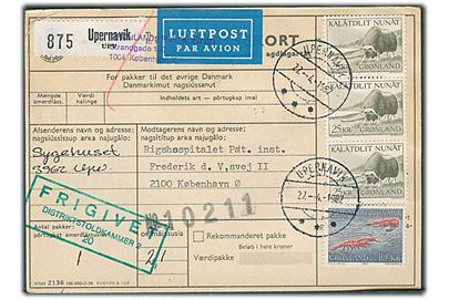 50 øre Margrethe, 10 kr. Rejer og 25 kr. Moskusokse (3) på for- og bagside af adressekort for luftpostpakke fra Upernavik d. 27.4.1982 til København.