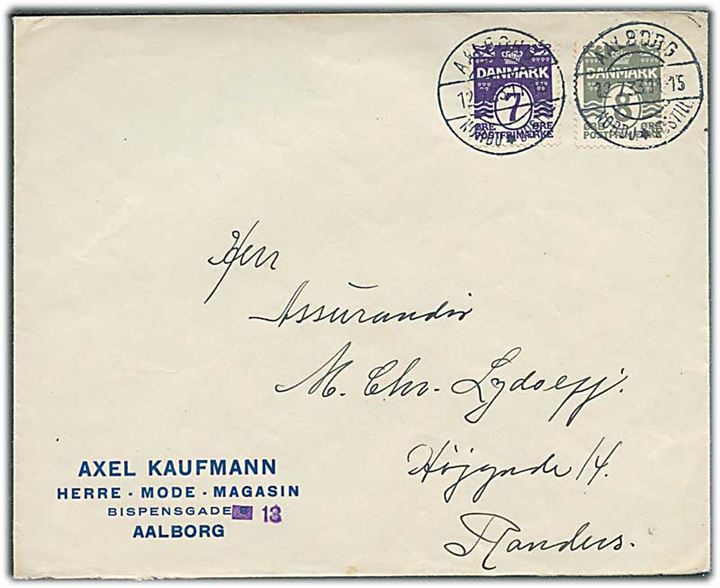 7 øre og 8 øre Bølgelinie på brev annulleret med særstempel Aalborg Nordj*Udstill. d. 12.7.1933 til Randers.