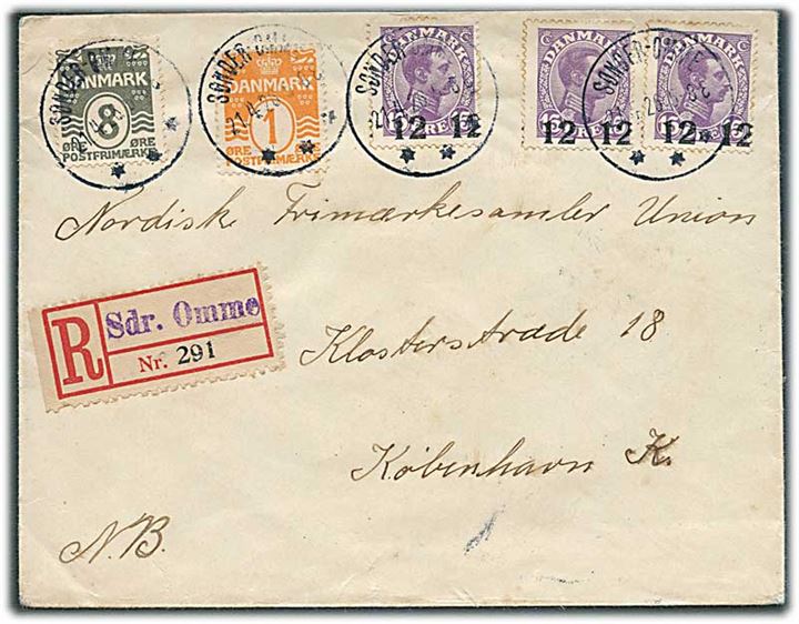 1 øre, 8 øre Tofarvet og 12/15 øre Provisorium (3) på anbefalet brev fra Sønder Omme d. 21.4.1926 til København. Blanko rec.-etiket med liniestempel Sdr. Omme.