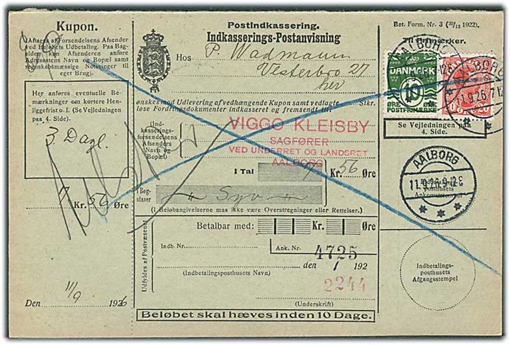 10 øre Bølgelinie og 20 øre Chr. X på lokal retur Postindkassering/Indkasserings-Postanvisning i Aalborg d. 11.9.1926.