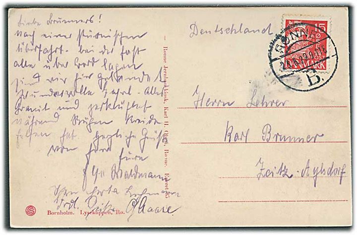 15 øre Karavel på brevkort annulleret med vanskeligt brotype Vb Rønne B. d. 23.6.1929 til Zeitz, Tyskland.