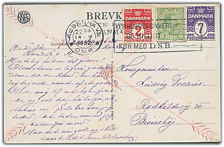 2 øre Bølgelinie, 5 øre Chr. X og 7 øre Bølgelinie helsagsafklip som frankering på lokalt søndagsbrevkort fra København d. 14.5.1932 til Brønshøj.
