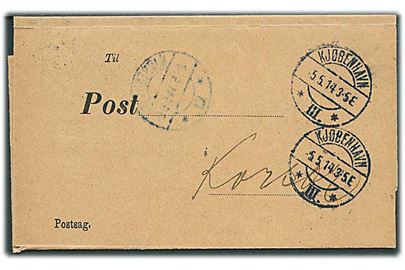 Postsag med afsendererklæring Formular Nr. 101. fra Korsør d. 2.5.1914 vedr. postopkrævning til Kjøbenhavn. Retur med meddelelse om at modtageren er bortrejst. 