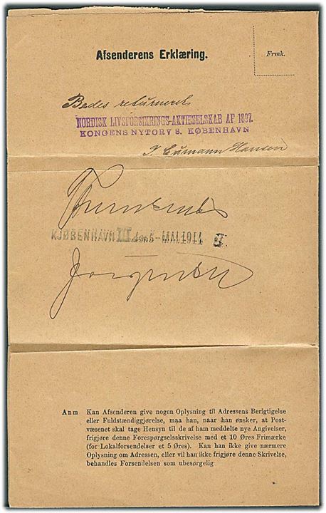 Postsag med afsendererklæring Formular Nr. 101. fra Korsør d. 2.5.1914 vedr. postopkrævning til Kjøbenhavn. Retur med meddelelse om at modtageren er bortrejst. 