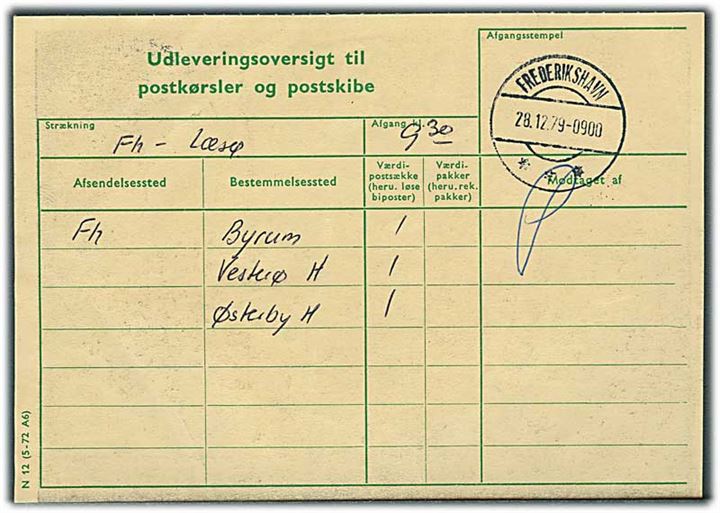Udleveringsoversigt til postkørsler og postskibe N 12 (5-72 A6) for strækning Frederikshavn - Læsø stemplet Frederikshavn d. 28-12-1979.