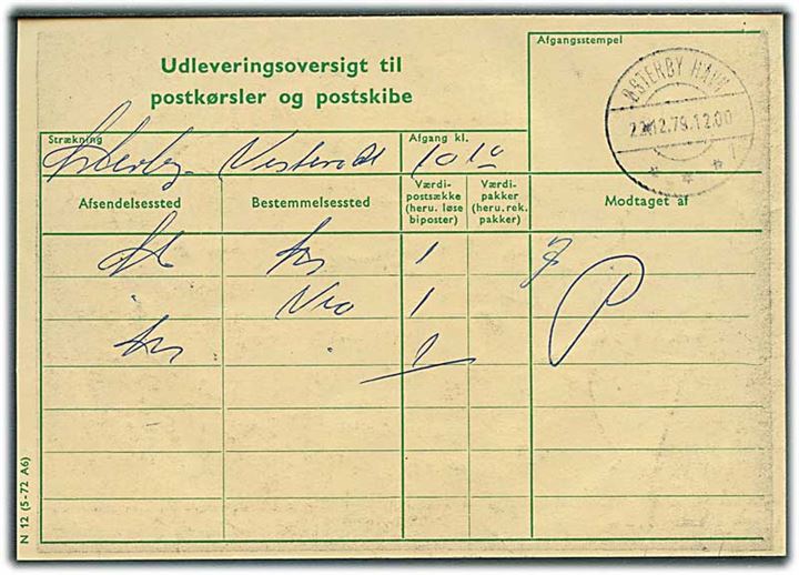 Udleveringsoversigt til postkørsler og postskibe N 12 (5-72 A6) for strækning Østerby - Vesterø stemplet Østerby Havn d. 22.12.1979.