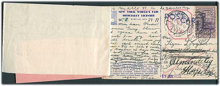 3 cents på brevkort fra New York 1939 til København, Danmark. Britisk censur. Forespurgt via Returpostkontoret med etiket.
