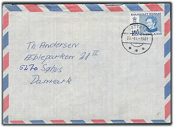 1,60 kr. Margrethe på luftpostbrev fra Godthåb d. 27.11.1981 til Søhus, Danmark. Fra Inspektionsskibet Hvidbjørnen.
