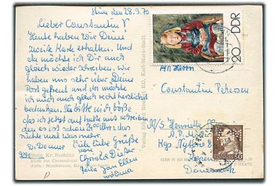 DDR 20 pfg. på brevkort fra 1970 til sømand ombord på M/S Henriette Mærsk via rederiet A.P.Møller i København. Opfrankeret med 50 øre Fr. IX med perfin APM stemplet København.