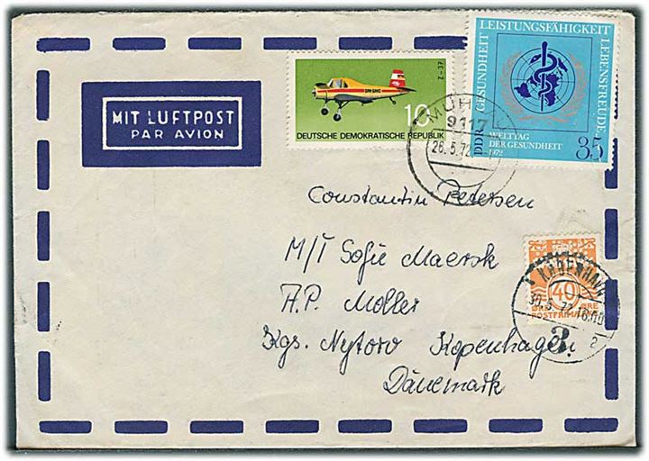 DDR 45 pfg. på brev fra Mühlau d. 26.5.1972 til sømand ombord på M/S Sofie Mærsk via rederiet A.P.Møller i København. Opfrankeret med 40 øre Bølgelinie med perfin APM stemplet København.