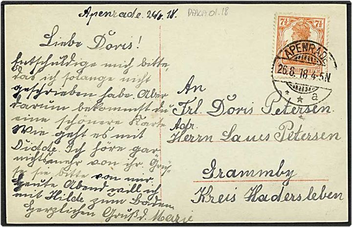 7½ pfennig orange på postkort fra Apenrade / Aabenraa d. 26.8.1918 til Grammby.