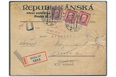 60 h. og 1 kc. (2) Masaryk på lokalt anbefalet brev i Prag d. 14.5.1929. Retur som ubekendt.