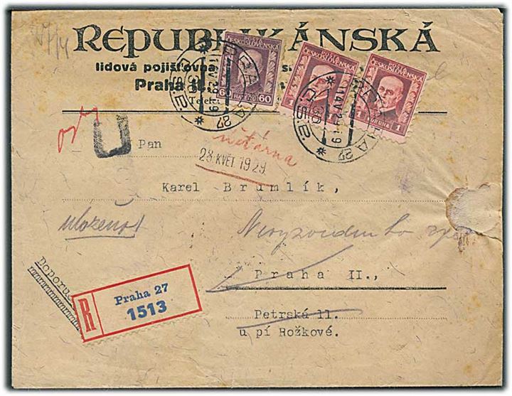 60 h. og 1 kc. (2) Masaryk på lokalt anbefalet brev i Prag d. 14.5.1929. Retur som ubekendt.