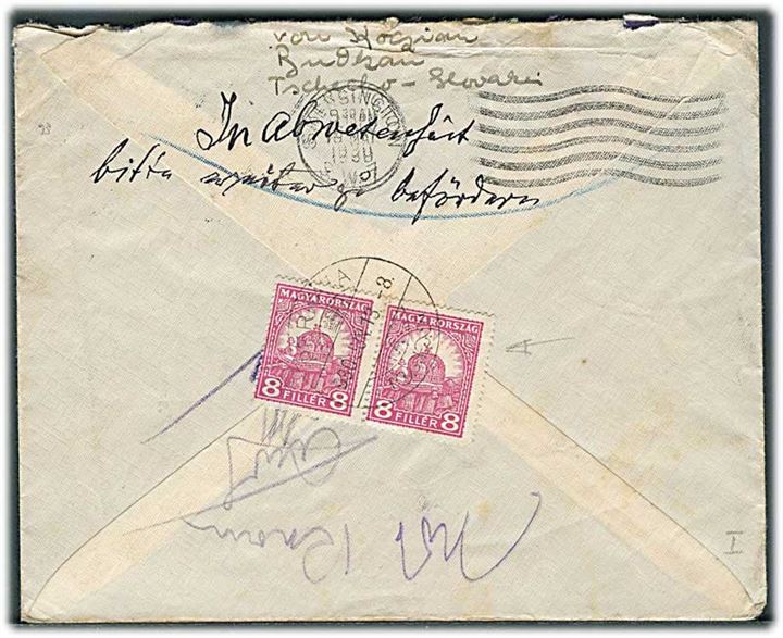 2,50 kc single på brev fra Budkov d. 12.5.1930 til London, England - eftersendt flere gange og på bagsiden ungarsk 8 fil. i parstykke stemplet Perkata d. 13.6.1930. 