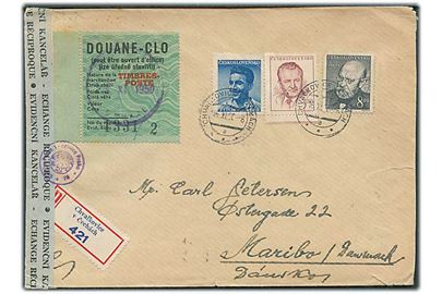 13 kc. blandingsfrankeret anbefalet brev fra Chvalkovice v. Cechach d. 15.11.1950 til Maribo, Danmark. Åbnet af tjekkisk toldkontrol.