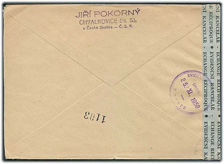 13 kc. blandingsfrankeret anbefalet brev fra Chvalkovice v. Cechach d. 15.11.1950 til Maribo, Danmark. Åbnet af tjekkisk toldkontrol.