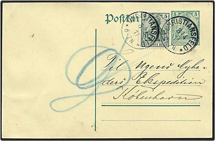 5 pfennig grøn enkeltbrevkort opfrankeret med 5 pfennig grøn fra Christiansfeldt d. 8.4.1911 til København.