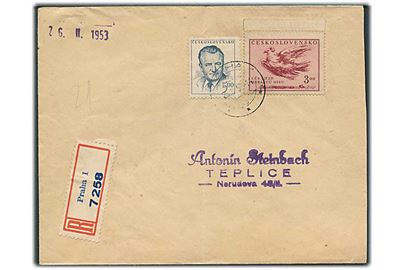 5 kc. Gottwald og 3 kc. Fredsdue på anbefalet brev fra Prag d. 25.2.1953 til Teplice.