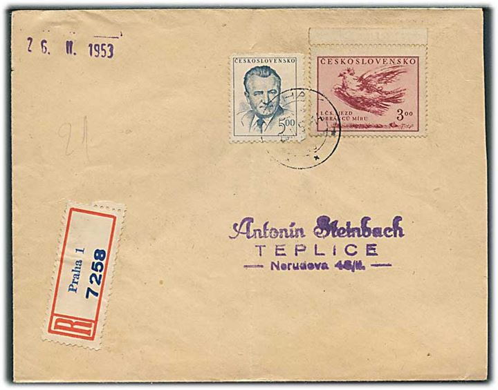 5 kc. Gottwald og 3 kc. Fredsdue på anbefalet brev fra Prag d. 25.2.1953 til Teplice.