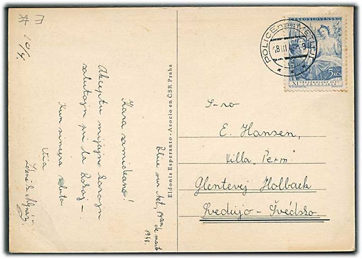 5 kc. Sokol kongres single på esperanto brevkort (L.L.Zamenhof) fra Police nad Metijji d. 18.3.1948 til Holbæk, Danmark.