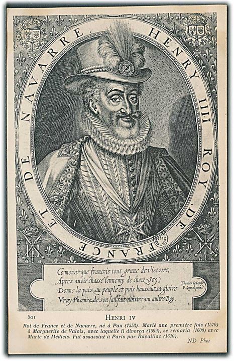 Henry IIII roy de France et de Navarre. (Henry IIII konge af Frankrig og Navarra). Kort beskrivelse af hans liv på fransk. ND Phot no. 501. 