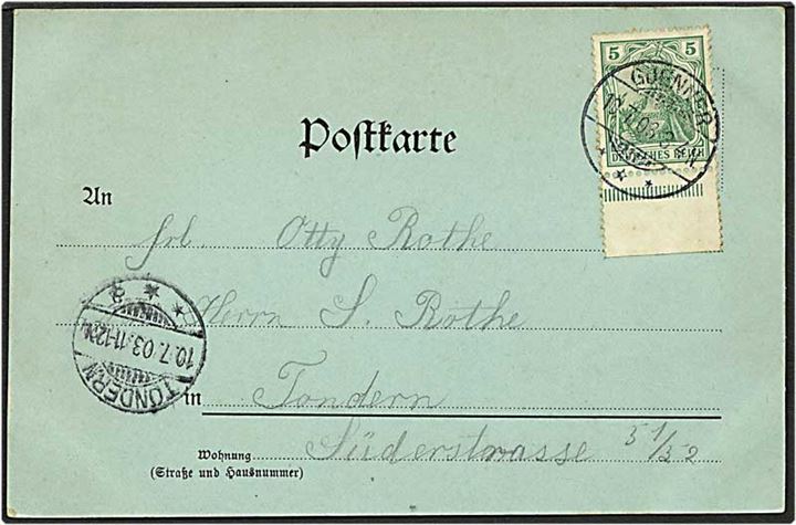 5 pfennig grøn på postkort fra Gjenner / Genner d. 10.7.1903 til Tønder.