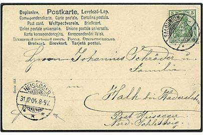 5 pfennig grøn på postkort fra Saarunion, Tyskland, d. 29.12.1904 til Heisagger / Hejsager.